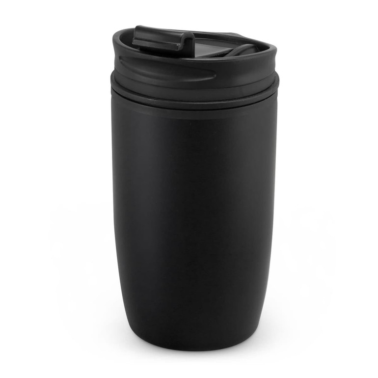 A double wall cup in sleek black, featuring a secure lid and a modern, streamlined design.
