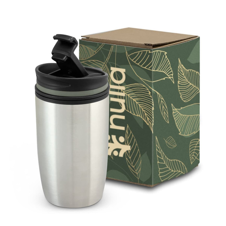 A stainless steel double wall cup with a black lid, displayed next to a leafy patterned box.