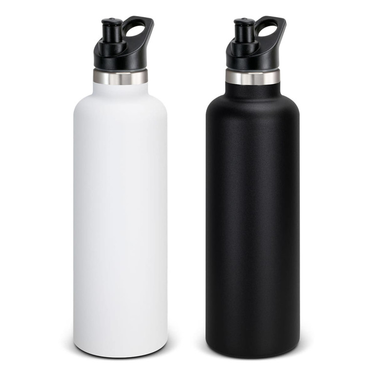 A drink bottle in matte black and white, featuring a cap with a spout and a stainless steel accent.
