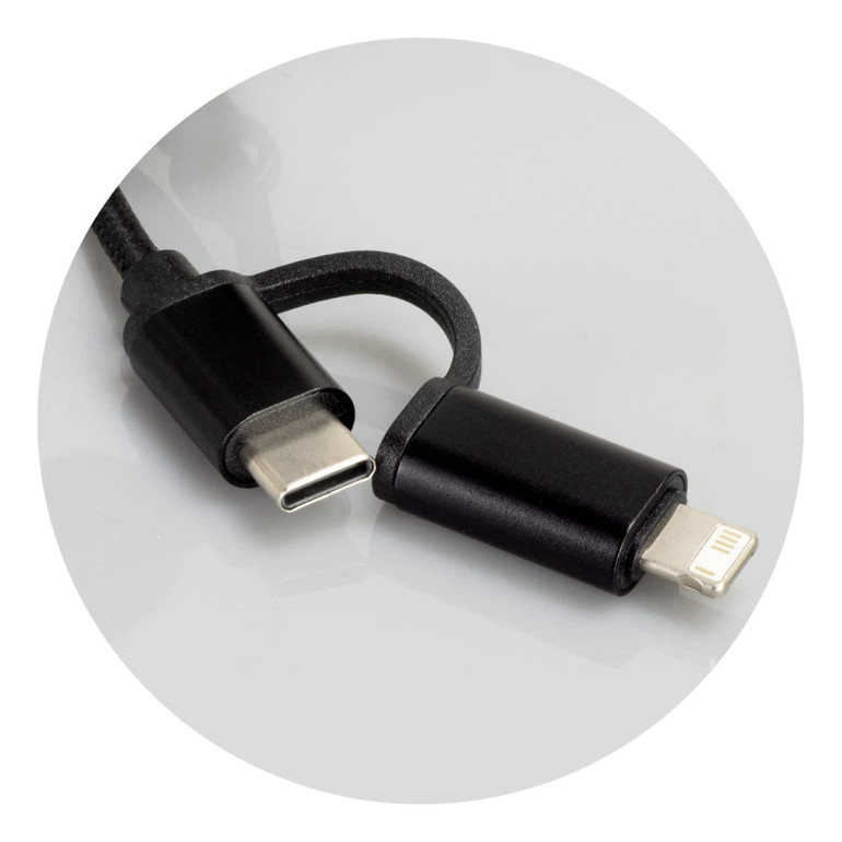 A braided charging cable in black, featuring USB-C and Lightning connectors, with a logo on one side.