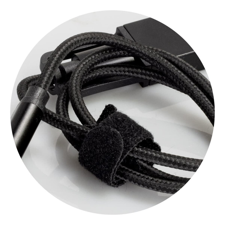 A braided charging cable in black, featuring a velcro tie for organisation and a connector at the end.
