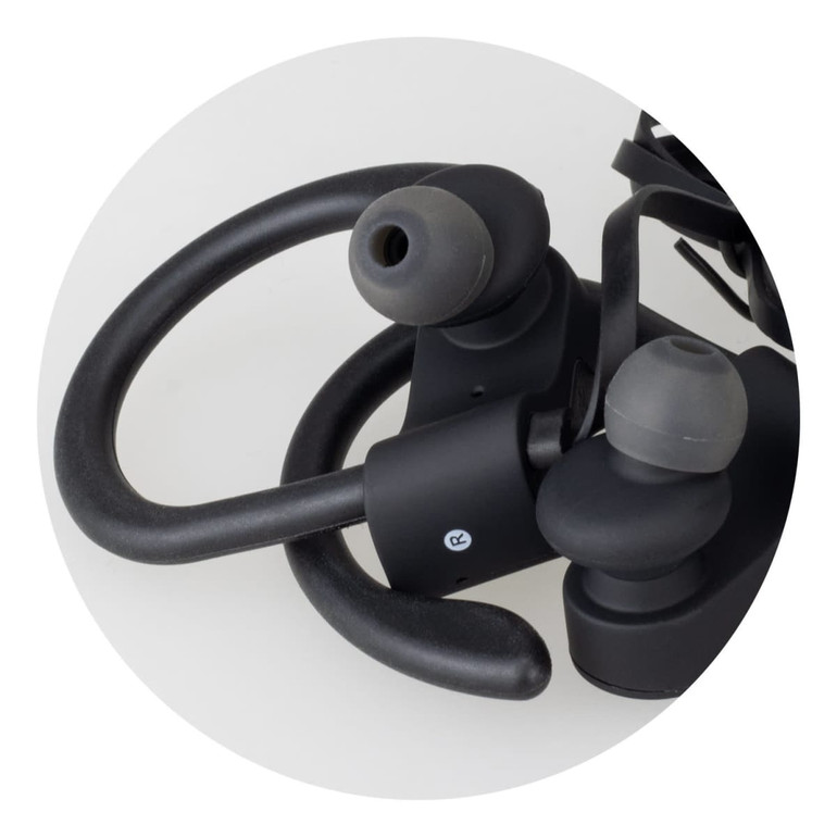 Runner Bluetooth earbuds in black with a flexible design and silicone ear tips, featuring a logo on the casing.
