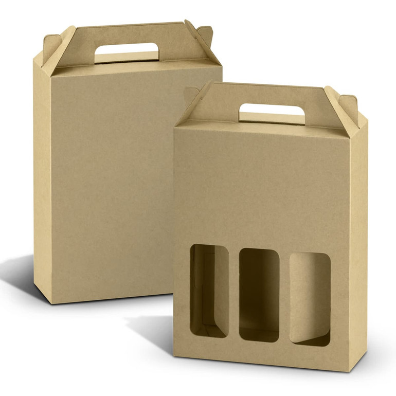A triple wine carry pack in a natural kraft finish, featuring handles and a window for easy viewing.