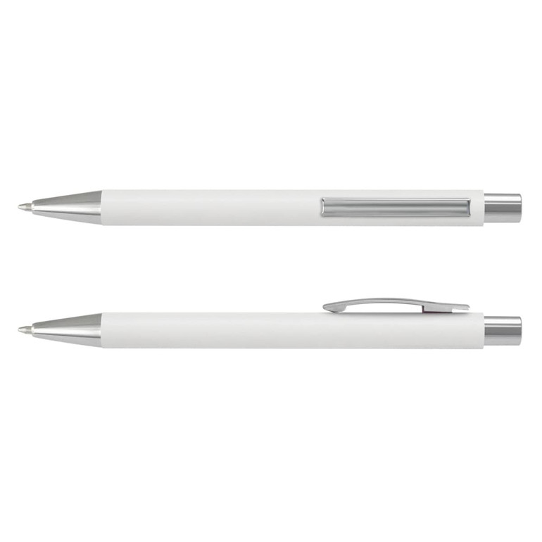 A white plastic pen with a silver clip and trim. The pen features a sleek, soft-touch design and a logo.