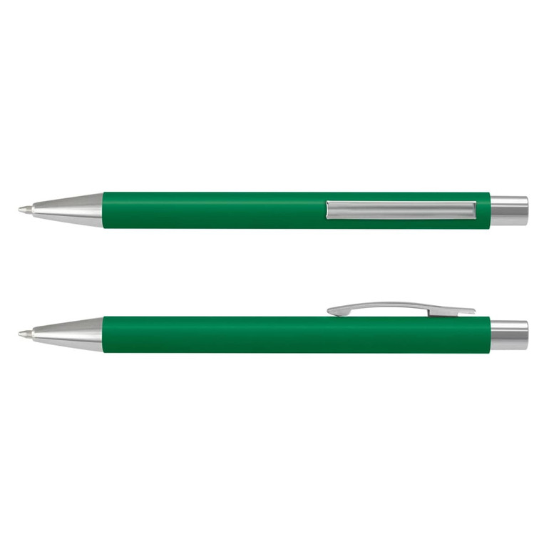 A green Lancer Soft-Touch pen with a silver clip and tip, featuring a sleek, smooth design.