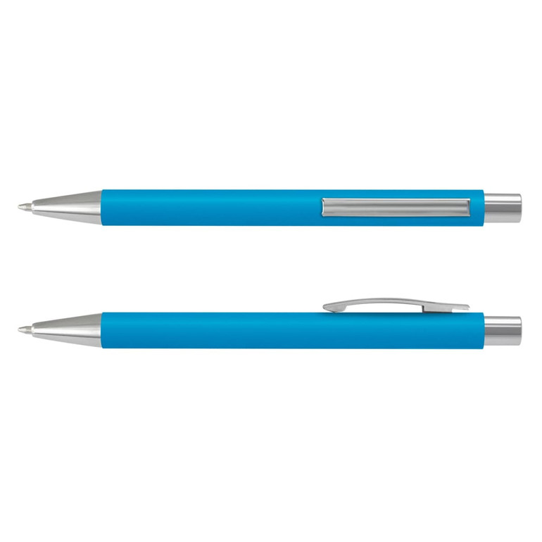A blue soft-touch pen with silver accents and a clip, featuring a sleek design and a logo.