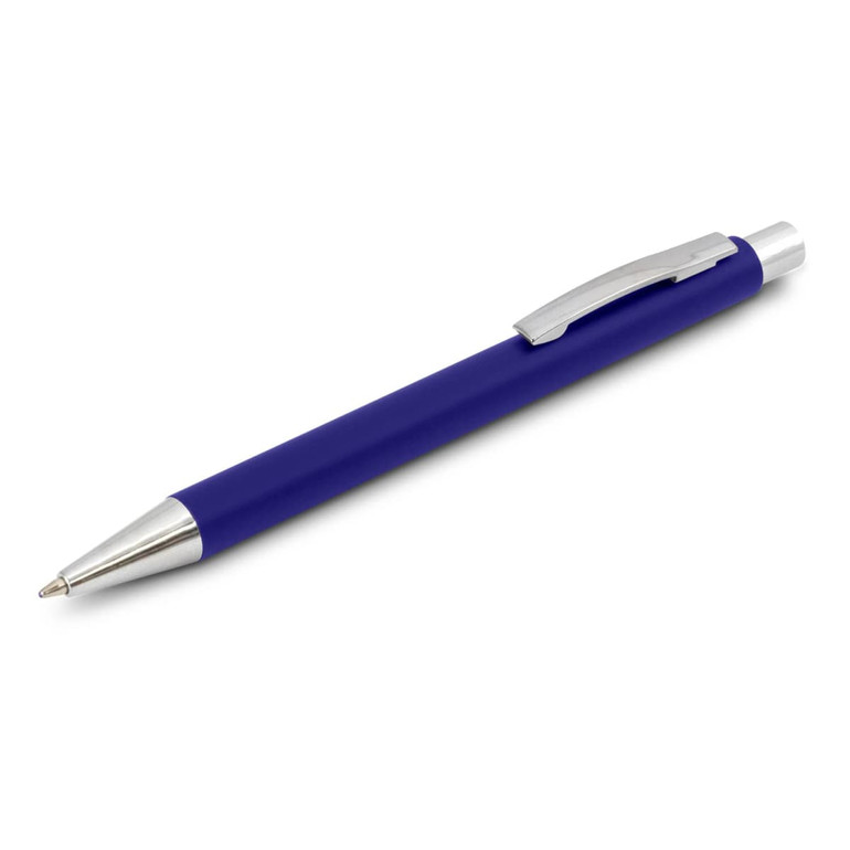 A blue soft-touch pen with a silver clip and tip, featuring a simple design and a branding logo.