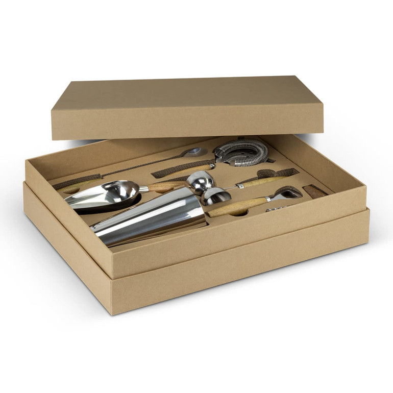 A cocktail set featuring stainless steel tools, including a shaker, strainer, and measuring spoon, neatly presented in a box.