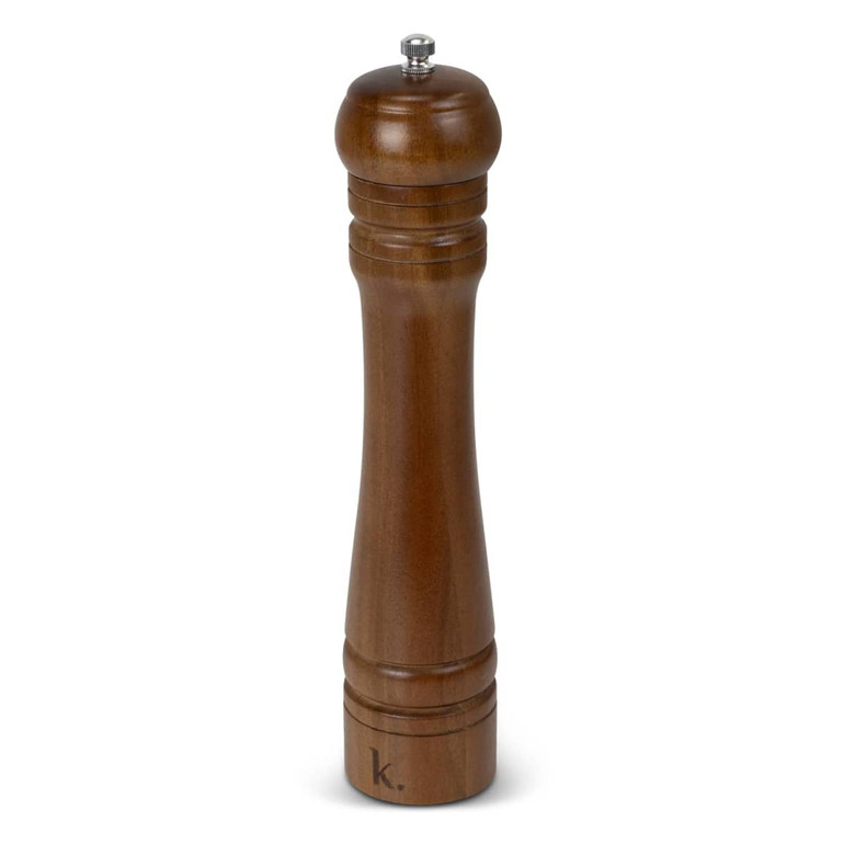 A wooden pepper mill in a warm brown finish, featuring a rounded top and elegant grooves. It has a logo on the base.