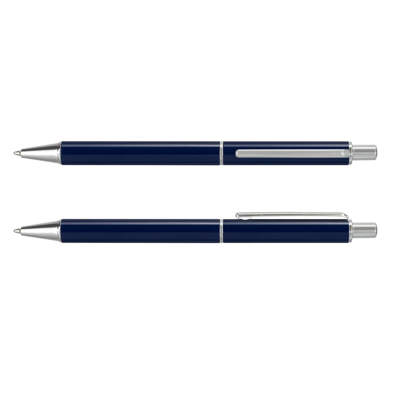 A metal pen set featuring a sleek navy blue finish with silver accents and a clip design. Includes two pens.