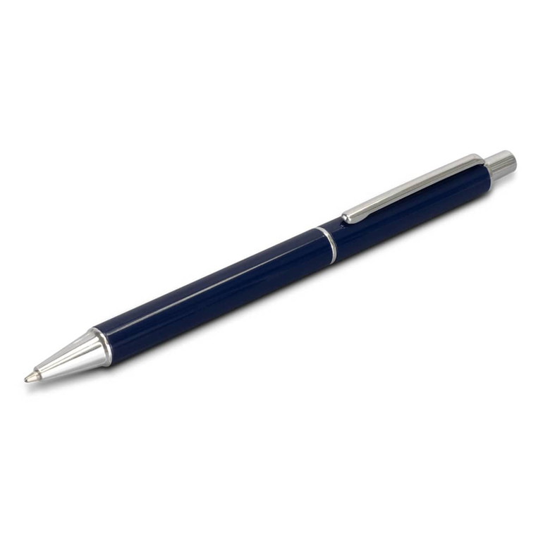 A metal pen in dark blue with silver accents, featuring a clip and a polished finish.