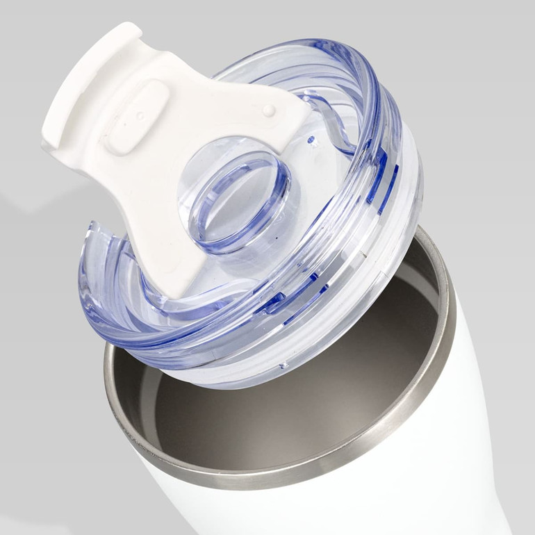 A drink bottle featuring a white body and transparent lid, showcasing a stainless steel interior.