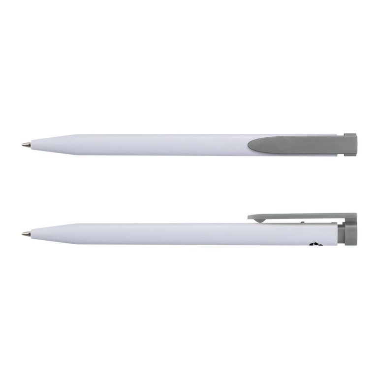 A recycled plastic pen in white with a grey clip and grip, featuring branding on the side.