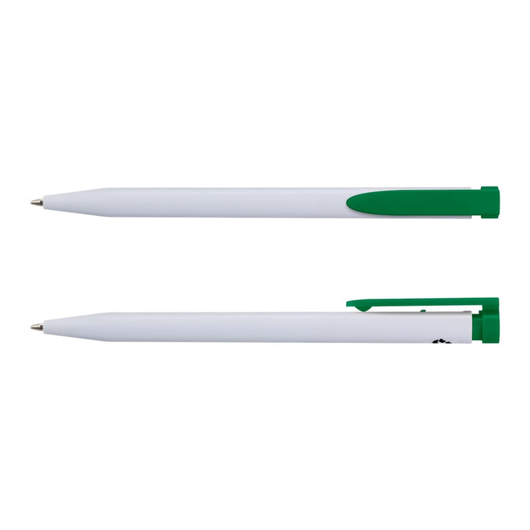 A recycled plastic pen in white with green accents, featuring a clip and smooth finish. It has a logo.