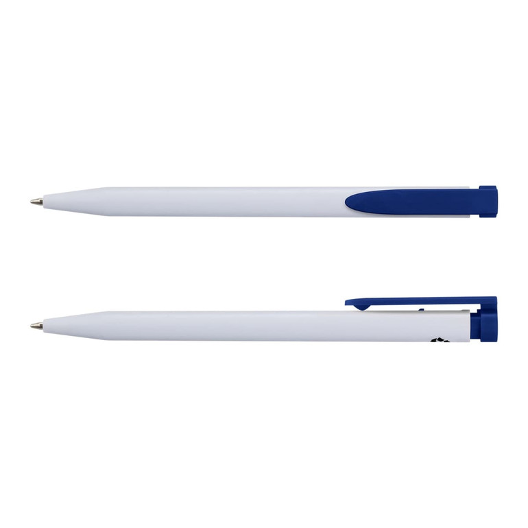 A recycled plastic pen in white with blue accents, featuring a logo on the side.