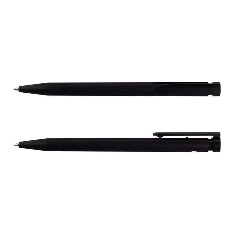 A black recycled plastic pen featuring a sleek design and a clip, showcasing both a capped and uncapped view.