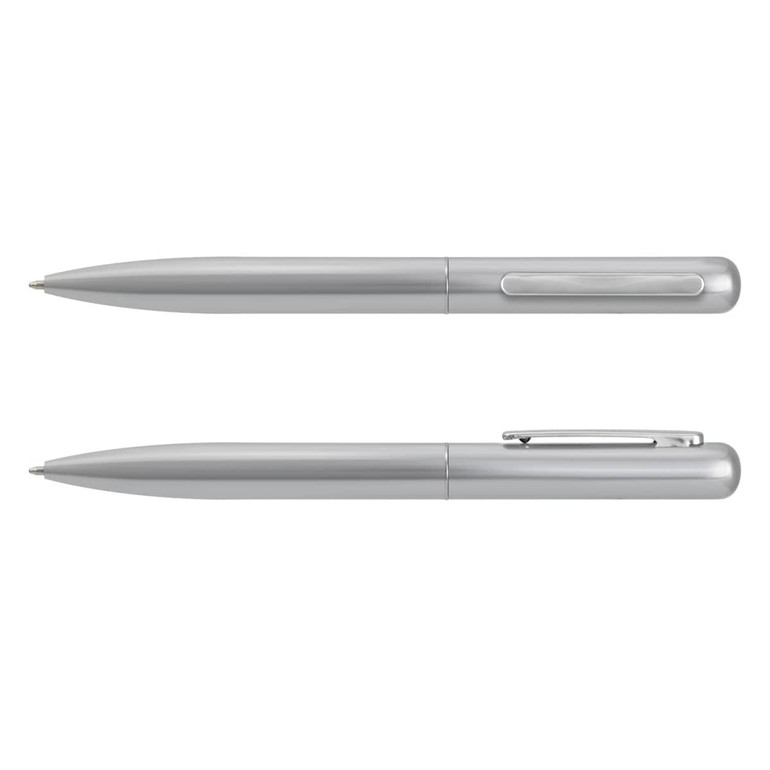 A silver metal pen with a smooth, sleek design and a clip. Features both cap and retractable mechanisms.