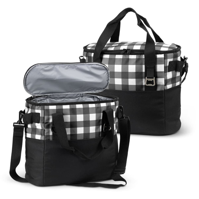 A black and white checked cooler bag with a zippered opening and detachable straps. It features a logo.