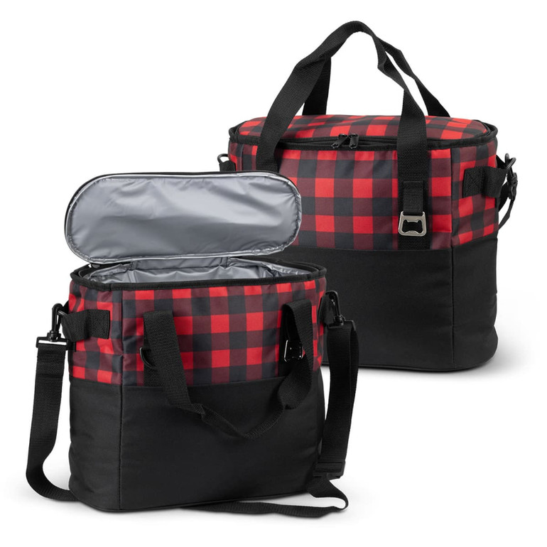 A red and black checkered cooler bag with black sides and carrying straps, featuring a silver interior.