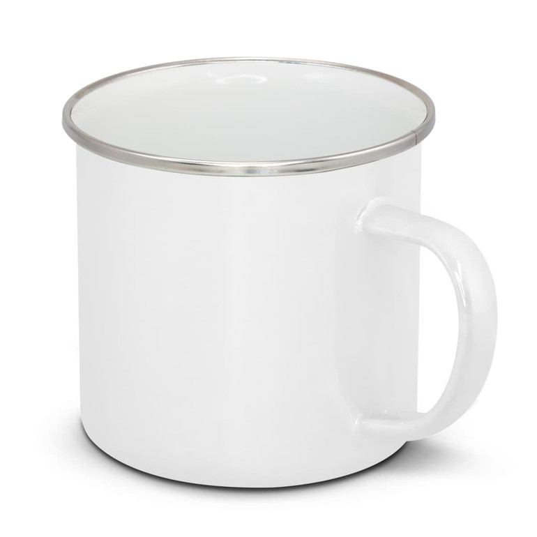 A white enamel mug with a metallic rim and a sturdy handle, featuring a logo or branding.