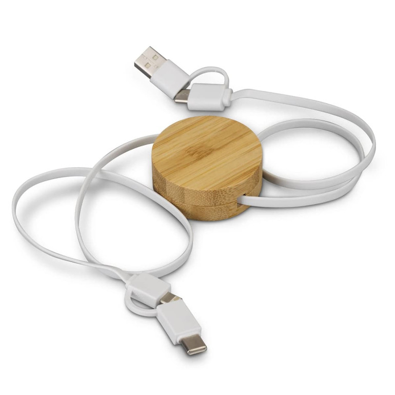 A bamboo retractable charging cable with white cables, featuring a circular bamboo housing and USB and charging connectors.