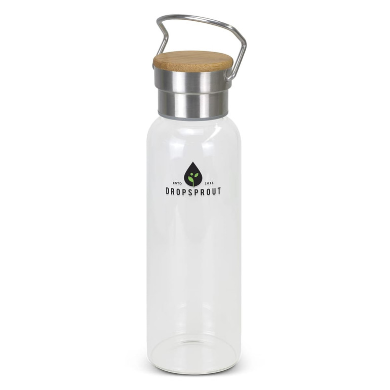 A drink bottle made of clear glass with a stainless steel lid and a wooden top, featuring a logo.
