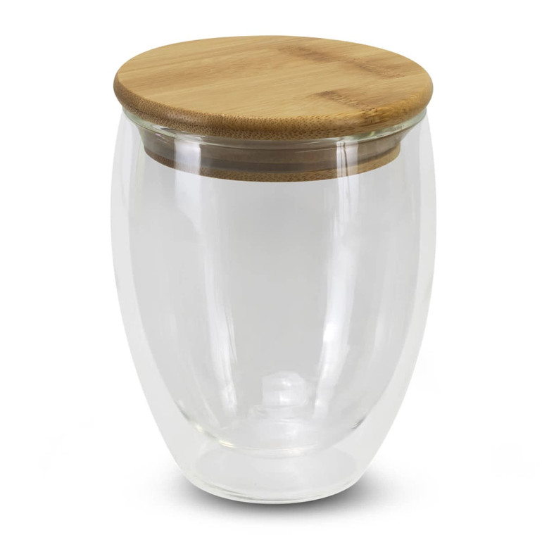 A drink bottle featuring a clear glass body with a bamboo lid, suitable for various beverages.