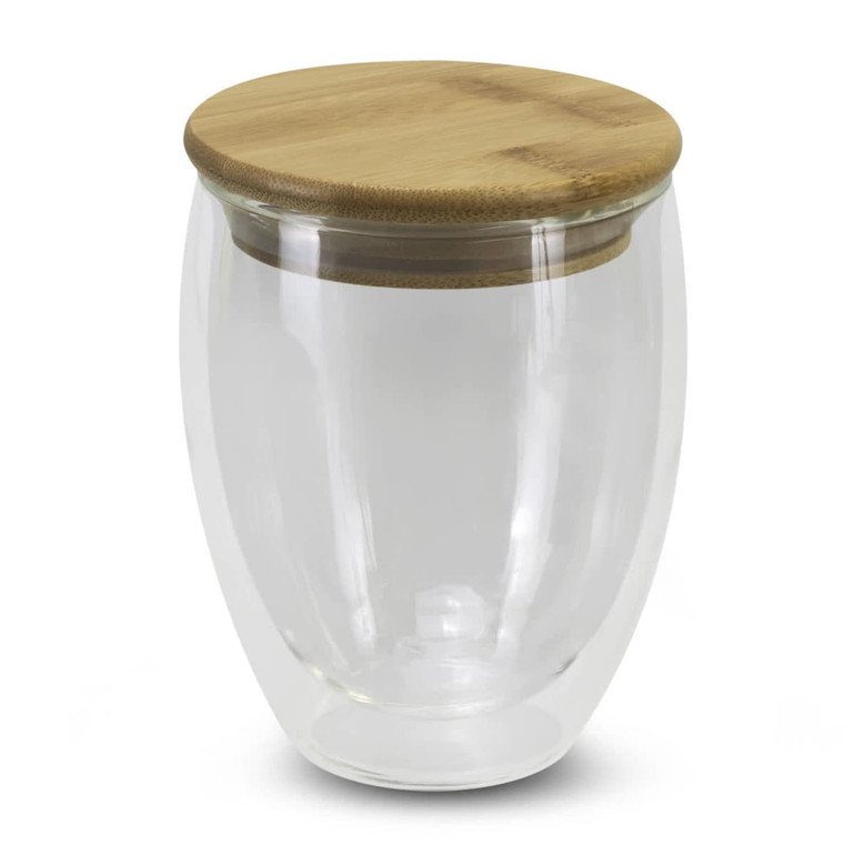 A drink bottle with a clear glass body and a bamboo lid, designed for reusable coffee or beverages.