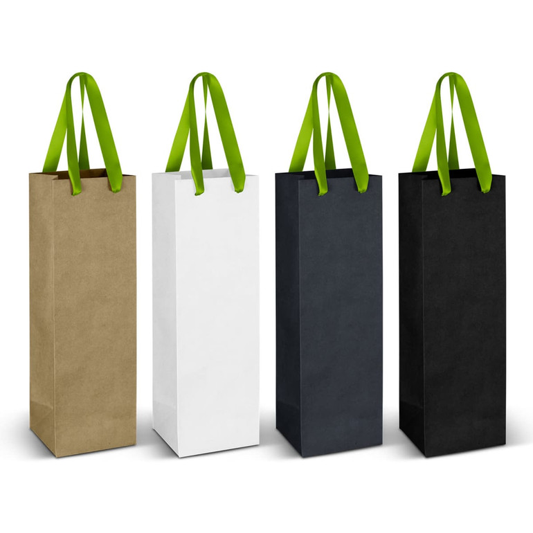 A collection of four wine ribbon handle paper bags in khaki, white, black, and dark grey, each with green handles.