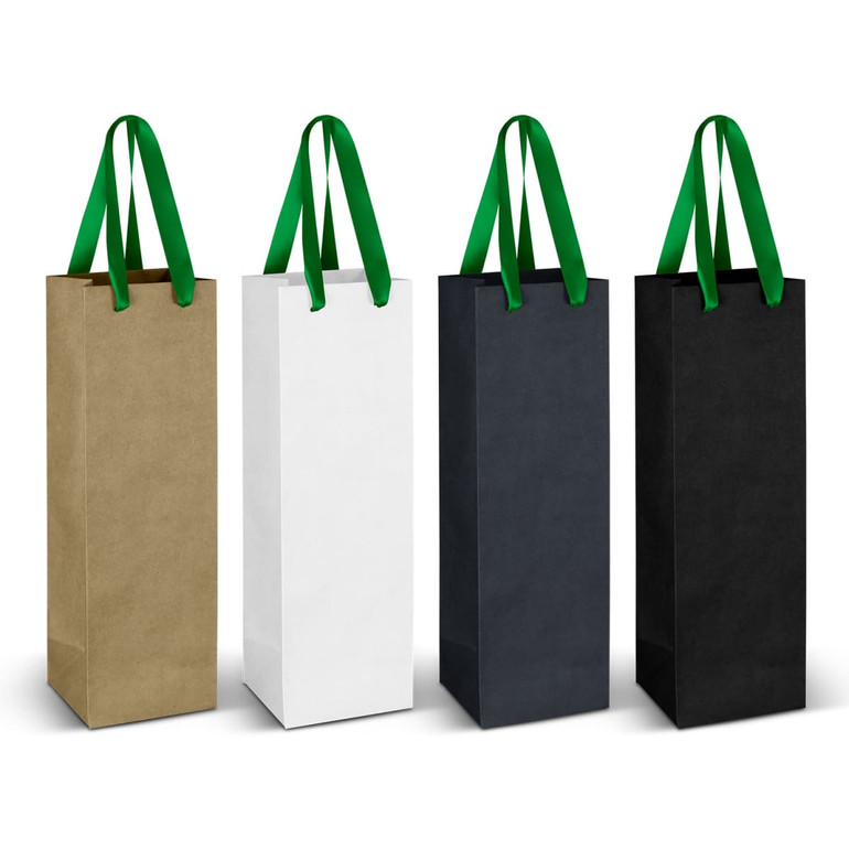 A set of four paper bags in brown, white, dark grey, and black, each with green ribbon handles.