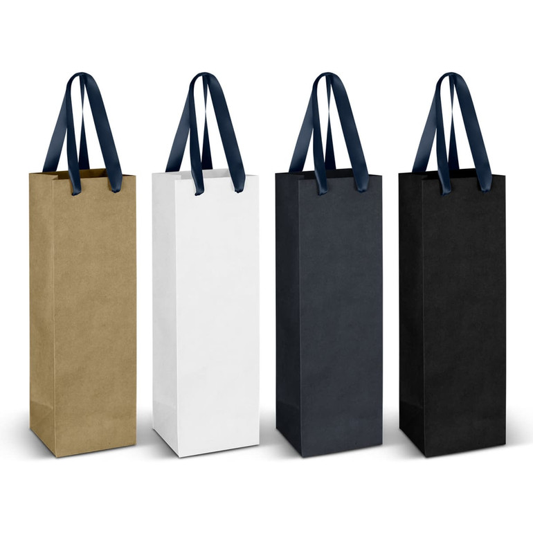 A wine ribbon handle paper bag set in gold, white, black, and dark grey, featuring matching ribbon handles.