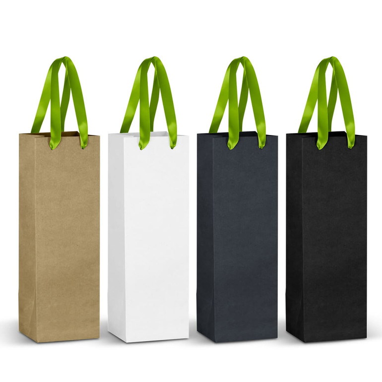 A set of four paper bags with green ribbon handles in brown, white, navy, and black colours. Each bag features a logo.