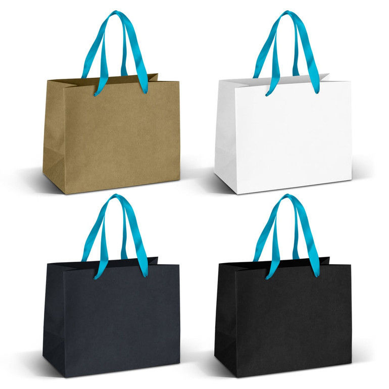Four medium ribbon handle paper bags in khaki, white, and black, each with blue ribbon handles. One bag features a logo.