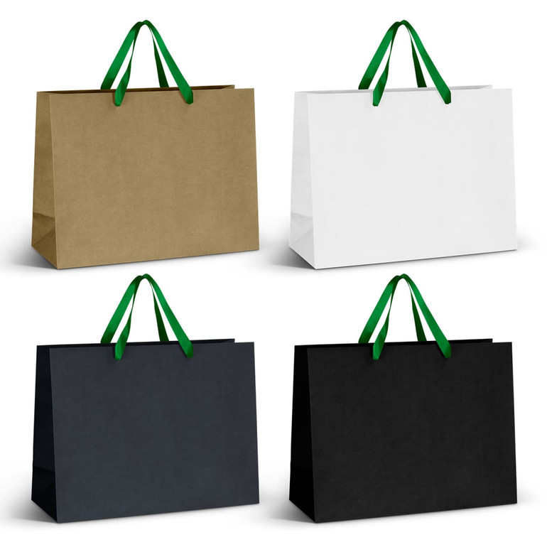 Four extra large ribbon handle paper bags in brown, white, green, and black with green handles.