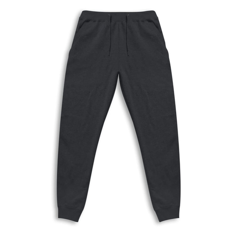 Unisex sweatpants in dark grey with an elastic waistband and pockets, featuring a logo.