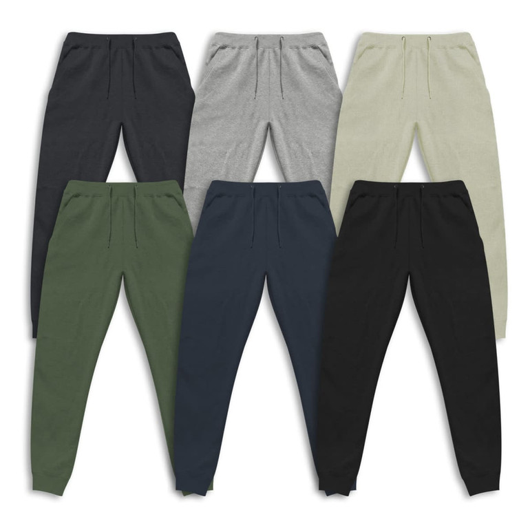 A collection of unisex sweatpants in six colours: grey, black, navy, olive green, beige, and dark grey, featuring a logo.