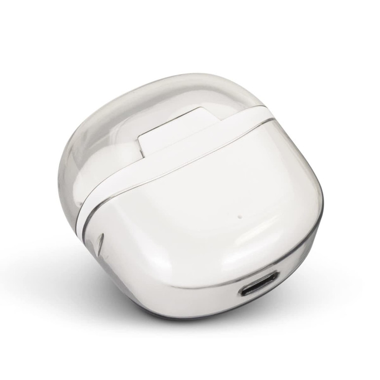 A pair of white Bluetooth earbuds in a translucent charging case with a USB-C port.