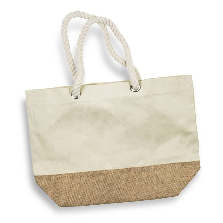 A tote bag with a cream upper section and a tan burlap bottom, featuring rope handles and a logo.