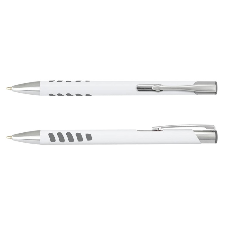 A metal pen with a white barrel and chrome accents, featuring a grip design and a branding logo.