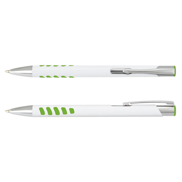 A metal pen with a white barrel and green accents, featuring a clip and a logo.