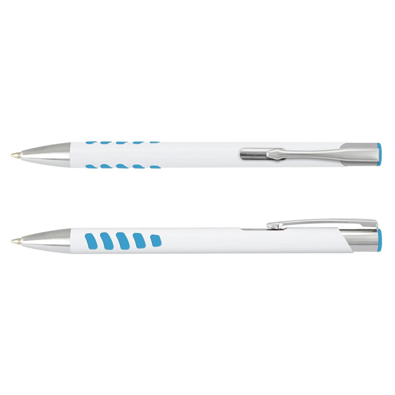 A white pen with a metal clip and blue grip accents, featuring a sleek, modern design.