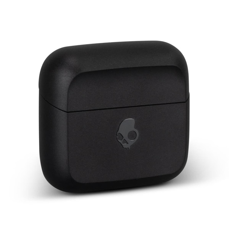 A black charging case for Skullcandy Mod TWS earbuds with a logo on the front.