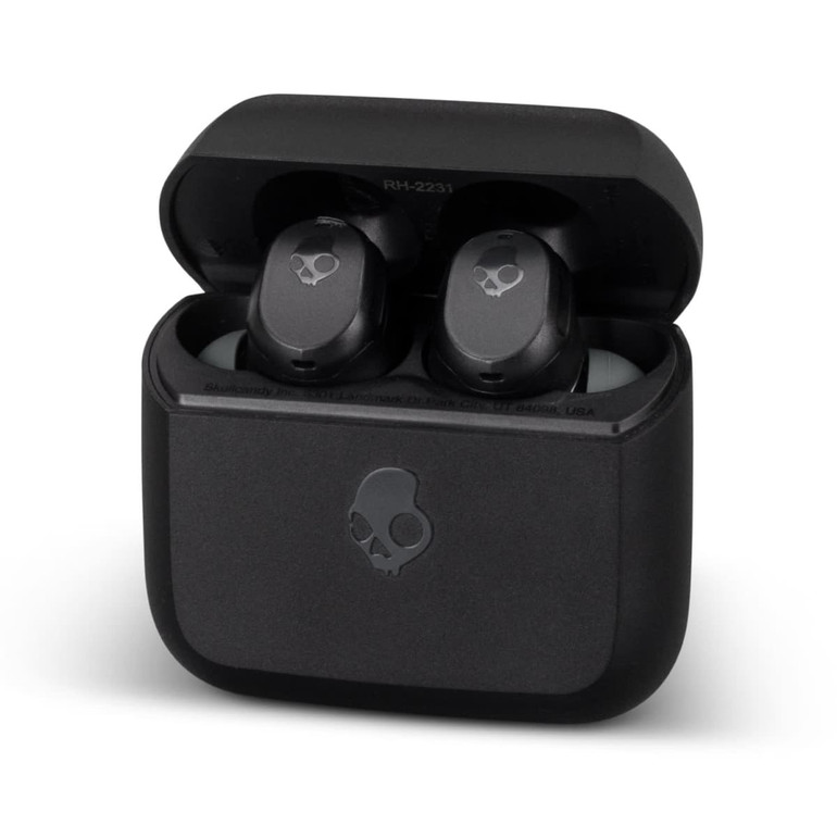 Black Skullcandy Mod TWS earbuds in a closed charging case, featuring a subtle logo on the case.