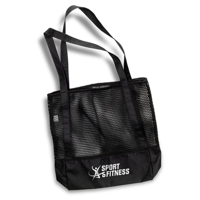 A black mesh sports tote bag with two shoulder straps and a logo on the front.