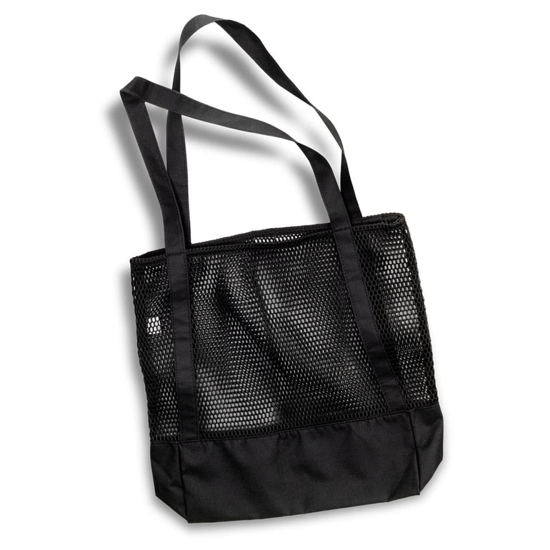 A black sports tote bag with mesh sides and fabric bottom, featuring long shoulder straps and a logo.