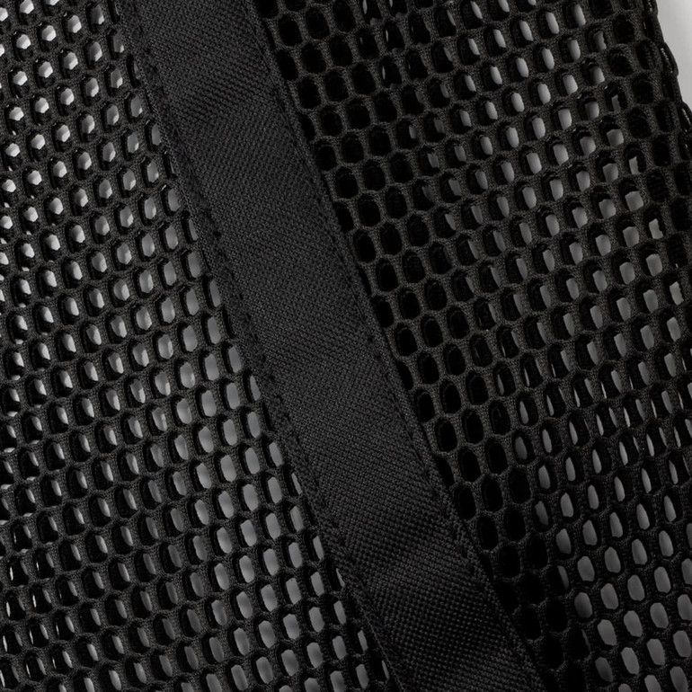 A black mesh tote with a sturdy black strap, featuring a textured design and a logo.