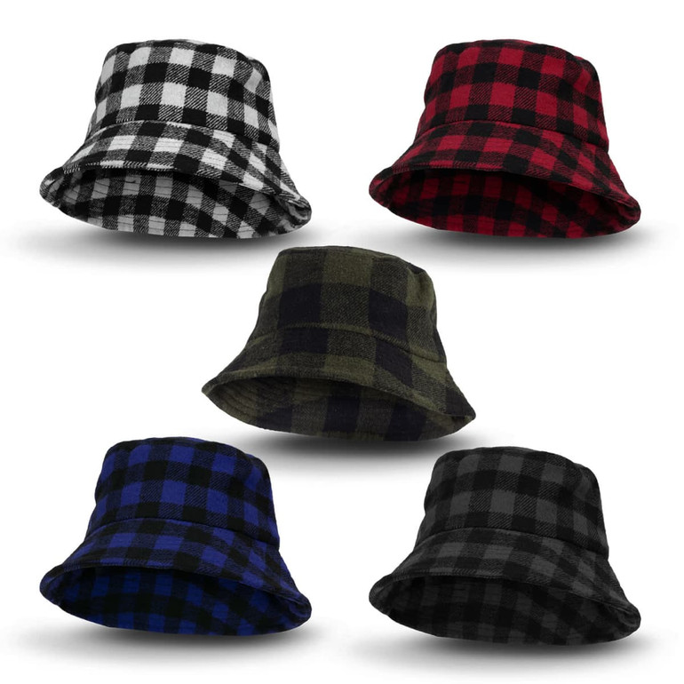 A collection of Fiordland bucket hats in black and white, red, green, blue, and solid black plaid patterns.