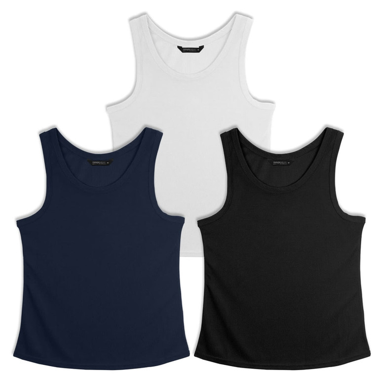 A set of three women's sports tank tops in navy, white, and black, featuring a logo on each top.