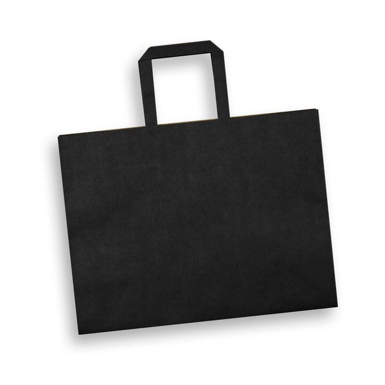 A large flat paper bag in black with a landscape orientation and a flat handle, featuring a logo.