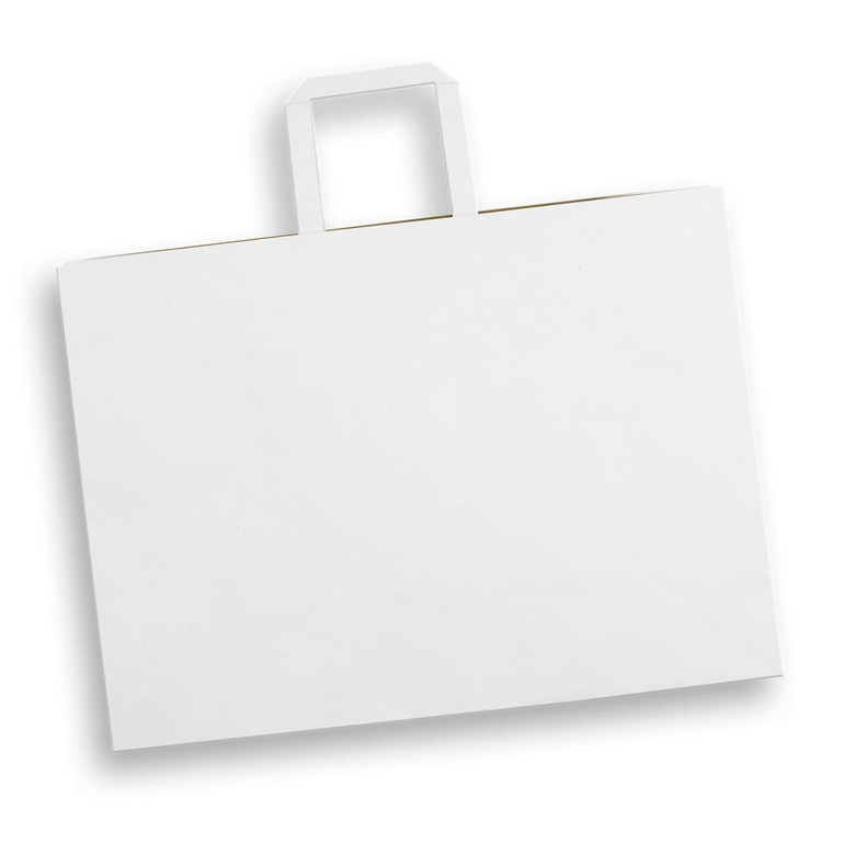 A flat, extra large white paper bag with a landscape orientation and a top handle. It has a logo on the front.